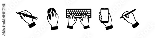 Set of minimalist black and white hand icons illustrating digital and creative tasks: writing with a pencil, using a computer mouse, typing on a keyboard, holding a smartphone, and using a stylus.
