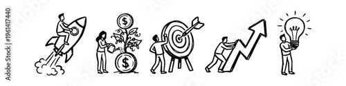 Hand-drawn business concept icons set. Minimalist doodle illustrations for startup launch, financial growth, goal achievement, success progress, and creative innovation.