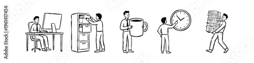 Hand-drawn doodle set of an office worker's daily routine: computer work, filing, coffee break, time management, and heavy workload. Minimalist black and white line art on white background.