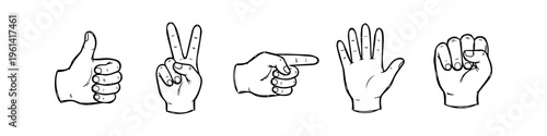 Set of hand-drawn gestures including thumbs up, victory sign, pointing, open palm, and fist. Minimalist black and white doodle style vector illustration of human hand signals.