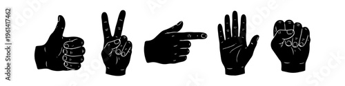 Set of five black hand gesture silhouettes including thumbs up, peace sign, pointing, open palm, and clenched fist, isolated on a white background. Graphic icons for communication and signs.