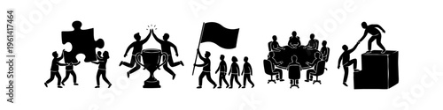 Teamwork and leadership silhouettes set featuring collaboration, success, problem solving, and mentorship. Minimalist black icons depicting business victory, meetings, and mutual support.