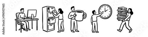 Minimalist office life line art illustration set featuring business people managing workload, time, filing, and coffee routine. Clean black and white hand-drawn doodle style icons.