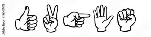 Collection of hand gesture icons including thumbs up, victory sign, pointing, open hand, and fist. Bold black and white line art vector illustration for non-verbal communication and signals.