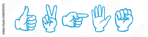 Set of blue hand gesture line art doodles including thumbs up, victory sign, pointing finger, open palm, and fist. Minimalist illustrations representing communication signals on a white background.