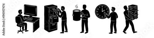 Minimalist black and white illustrations of office life: working at a desk, filing documents, coffee breaks, time management, and carrying heavy workloads. Perfect for business concepts.