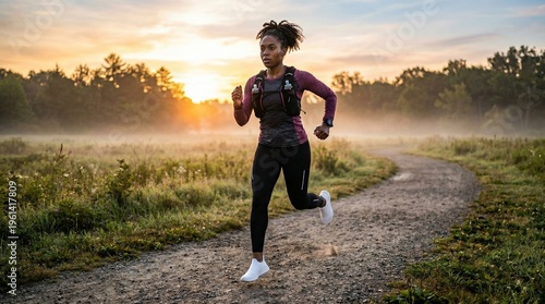 African american woman trail runner jogging on country road at sunrise. Athlete with hydration vest training for marathon. Active lifestyle, morning physical exercise and outdoor sport.