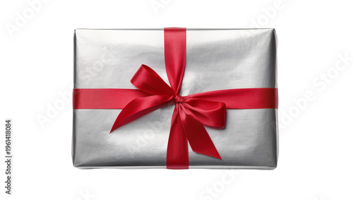 Tableau sur toile Silver metallic gift box tied with vibrant red satin ribbon, isolated on transpa