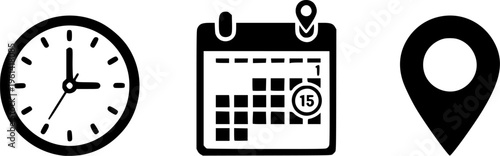 Time, date and address icon. Clock, calendar and location elements for scheduling vector illustration. Useful date and address details for navigation symbol. Clean minimal layout for interface sign