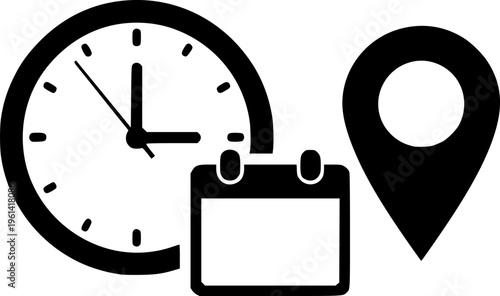 Time, date and address icon. Clock, calendar and location elements for scheduling vector illustration. Useful date and address details for navigation symbol. Clean minimal layout for interface sign