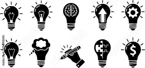 Light bulb icon set showing idea and inspiration concepts. Creative thinking, innovation and solution symbols. Energy and insight pictograms for business concepts, brainstorming and startup visuals.