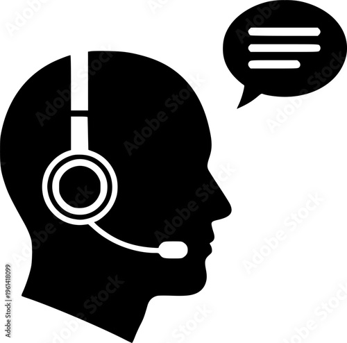 Customer service icon. Contact support agent button. Headset with speech bubble vector illustration. Call center operator symbol. Customer support chat sign. Earphones with microphone speech bubble.