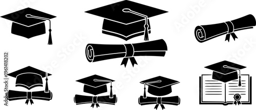 Graduation hat with diploma icon set. Student hat with academic degree certificate vector illustration. College, school and university graduation ceremony concept