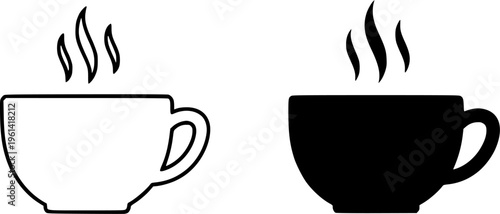 Coffee cup icon in outline and solid styles. Suitable for cafe and restaurant menus, coffee shops, beverage apps, breakfast concepts, kitchen interfaces, food services, and modern UI design.