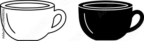 Coffee cup icon in outline and solid styles. Suitable for cafe and restaurant menus, coffee shops, beverage apps, breakfast concepts, kitchen interfaces, food services, and modern UI design.