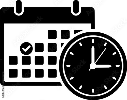 Calendar with clock icon representing scheduling, time management and deadlines. Suitable for business planning, appointments, reminders, meetings, productivity tools and workflow organization