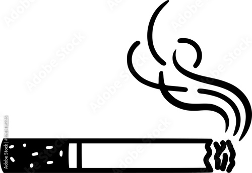 Cigarette icon. Smoking cigarette with smoke symbol. Tobacco product illustration for health, addiction and smoking concept. Nicotine use and smoking habit pictogram for medical or warning context