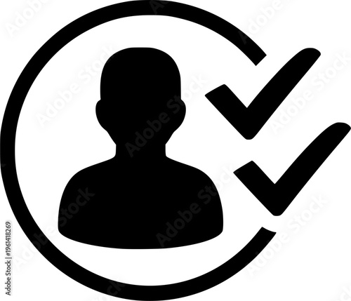 Approved candidate icon with check marks and person silhouette. Symbol of employee verification, recruitment selection, HR approval process, qualification assessment and hiring confirmation. 