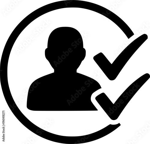 Approved candidate icon with check marks and person silhouette. Symbol of employee verification, recruitment selection, HR approval process, qualification assessment and hiring confirmation. 