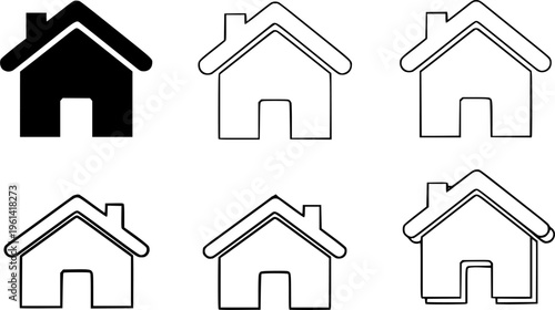 
Web home icon set for websites and apps. Simple house symbol. Flat real estate sign. Main page pictogram in filled, thin line, outline and stroke style. Isolated illustration.