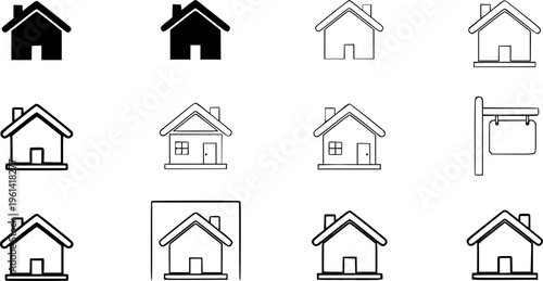 
Web home icon set for websites and apps. Simple house symbol. Flat real estate sign. Main page pictogram in filled, thin line, outline and stroke style. Isolated illustration.