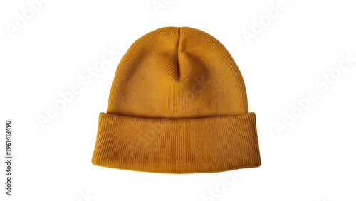 Canvas Print Mustard yellow knitted beanie hat with folded brim, perfectly presented isolated