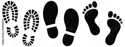 Footprints icon set, walking steps, barefoot and boot print symbols, shoe sole and track indicators, suitable for navigation, activity tracking, or trail marking, clean line style, vector illustration