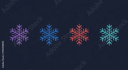 Four colorful snowflakes, purple, blue, red, and cyan, on dark blue backdrop