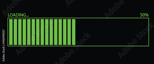 Vector illustration of a green loading bar isolated on a black background for websites and graphic resources. 50% loaded bar.