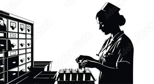 Silhouette of a Female Nurse Preparing Medicine in a Hospital - Healthcare Concept