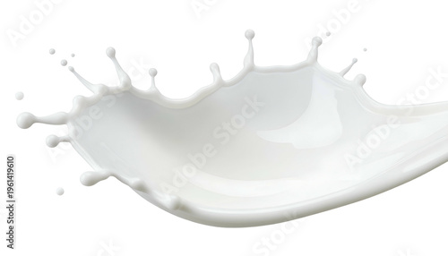 A dynamic, milky white liquid splash with droplets and a smooth, flowing curve against black