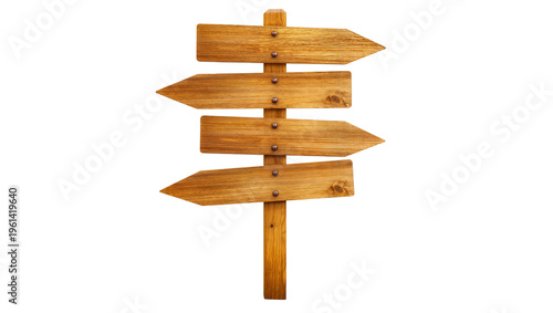 Tableau sur toile Rustic wooden directional signpost with four arrows clearly visible and isolated