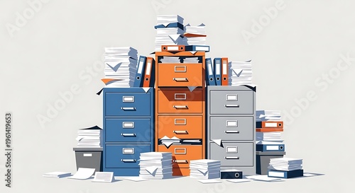 Illustration of overflowing file cabinets with stacks of papers and folders in a chaotic office