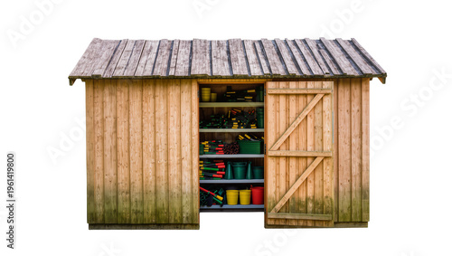 Tableau sur toile Rustic wooden garden shed with open doorway revealing colorful tools, isolated o