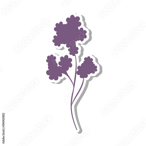 A stylized single purple flower sticker features a delicate design with a distinct white outline and subtle gray shadow. It stands on a clean white background.