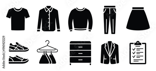 Clothing wardrobe icons, solid style vector set representing clothing, fashion items, and wardrobe essentials, modern flat design, vector illustration isolated on white.