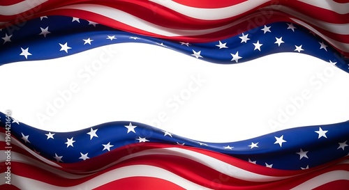 Wavy rendering of US flag borders a white space, with stars and stripes in vivid colors