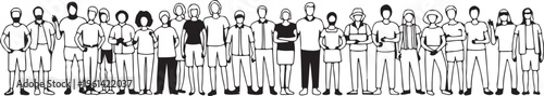 people black and white sketch of twenty four standing figures