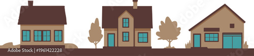 house three stylized residential facades vector illustration set