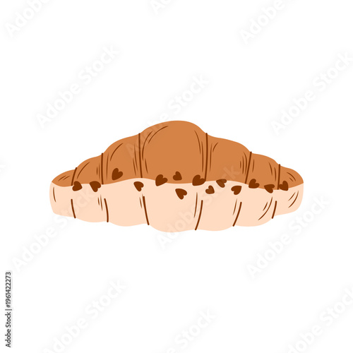 Minimalist vector illustration of french croissant with white glaze and cute chocolate heart shaped sprinkles. Hand drawn sweet bakery icon for menu, cafe branding, dessert concept. Isolated on white