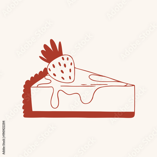 Slice of strawberry cheesecake in red line art style. Vector illustration for bakery, cafe menu and dessert design. Minimalist hand drawn cake icon isolated on light beige background.