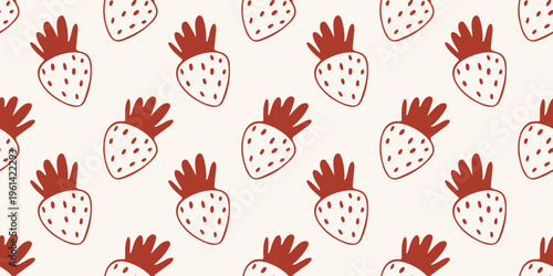 Seamless pattern with strawberries in red line art style. Vector background on beige for kitchen decor, food packaging and summer textile design. Minimalist hand drawn berry wallpaper isolated.