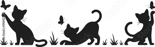 cat silhouettes with butterflies and grass elements vector set clipart