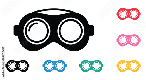 Black steampunk goggles icon with colorful versions, bold silhouette, Victorian-inspired gadget and eyewear illustration, cosplay and retro tech concept, clean vector design.