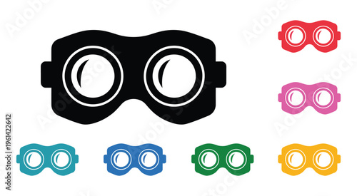 Black steampunk goggles icon with colorful variations, striking silhouette design, vintage industrial eyewear concept, retro-futuristic fashion and accessory symbol, minimal flat vector illustration 