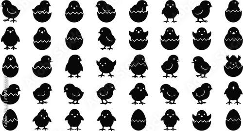 Collection of black chick and egg silhouettes on white background