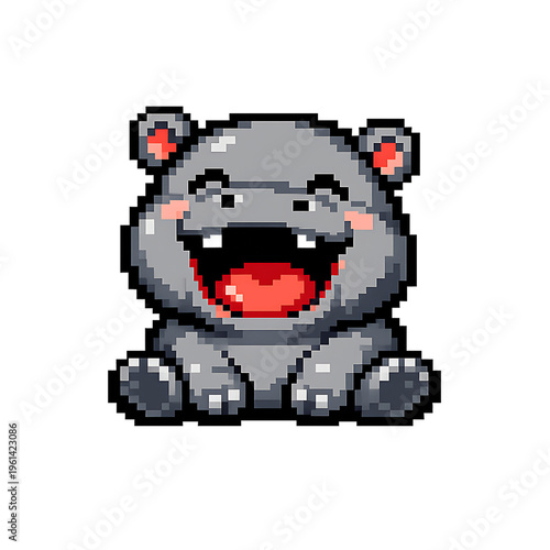 Pixel art illustration of a happy gray cartoon rhino with red accents