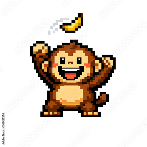 Happy pixelated monkey with a banana above its head