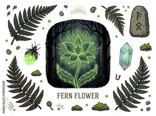 Mystical Glowing Fern Flower Vector Illustration Set with Magic Runes, Fireflies, and Forest Elements for Slavic Folklore and Kupala Night