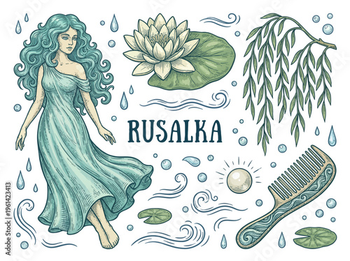 Slavic Water Spirit Rusalka Vector Illustration Set with Water Lily, Willow Branch, and Vintage Hair Comb. Mythological Mermaid Graphic Elements on Black Background.